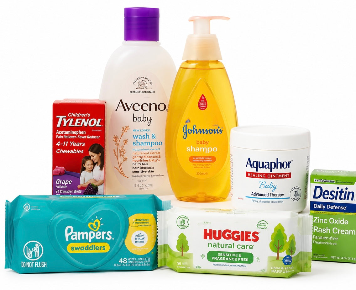 Baby and kids essentials including Aveeno baby wash, Johnson's baby shampoo, Aquaphor healing ointment, Desitin rash cream, Children's Tylenol, Pampers wipes, and Huggies wipes