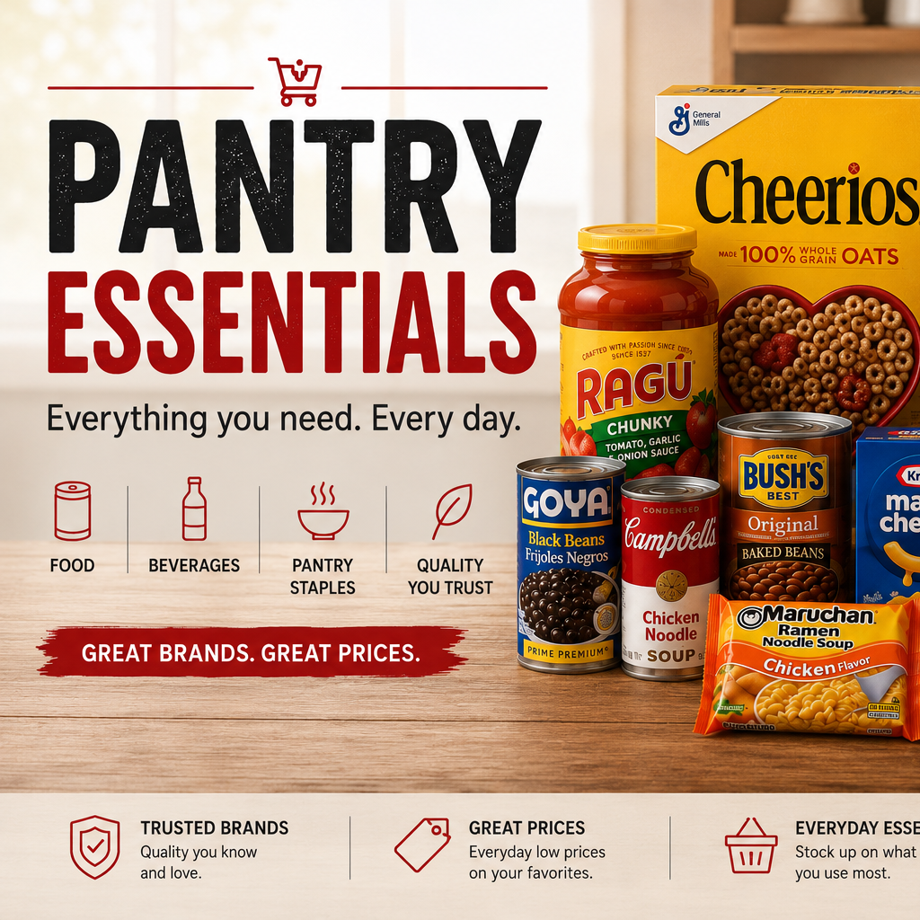 Pantry Essentials banner featuring Cheerios cereal, Ragú pasta sauce, Barilla penne, Goya black beans, Campbell’s chicken noodle soup, Bush’s baked beans, Kraft mac and cheese, Jif peanut butter, Maruchan ramen noodles