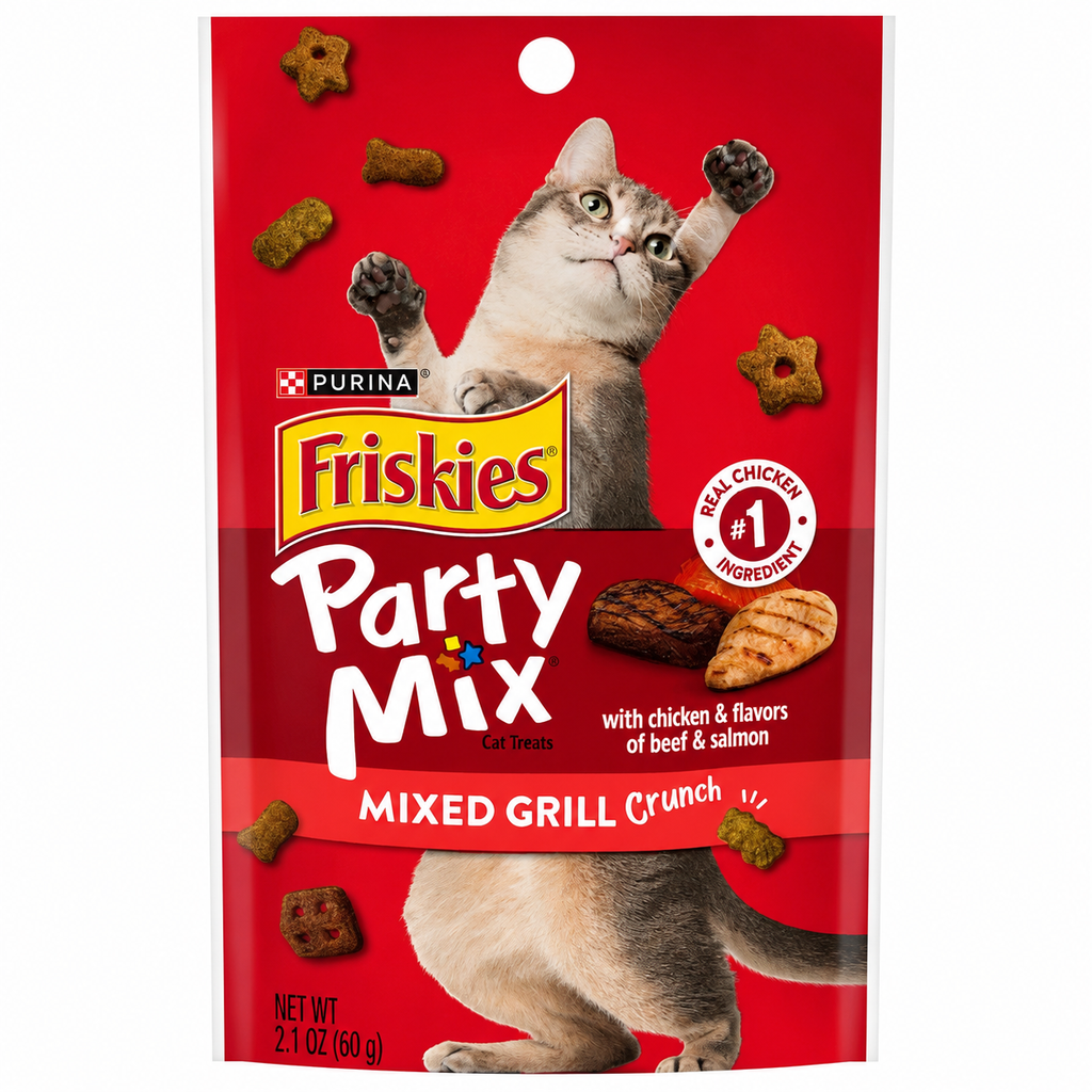 Friskies Party Mix Mixed Grill Crunch with Chicken, Beef & Salmon Flavors, 2.1 oz