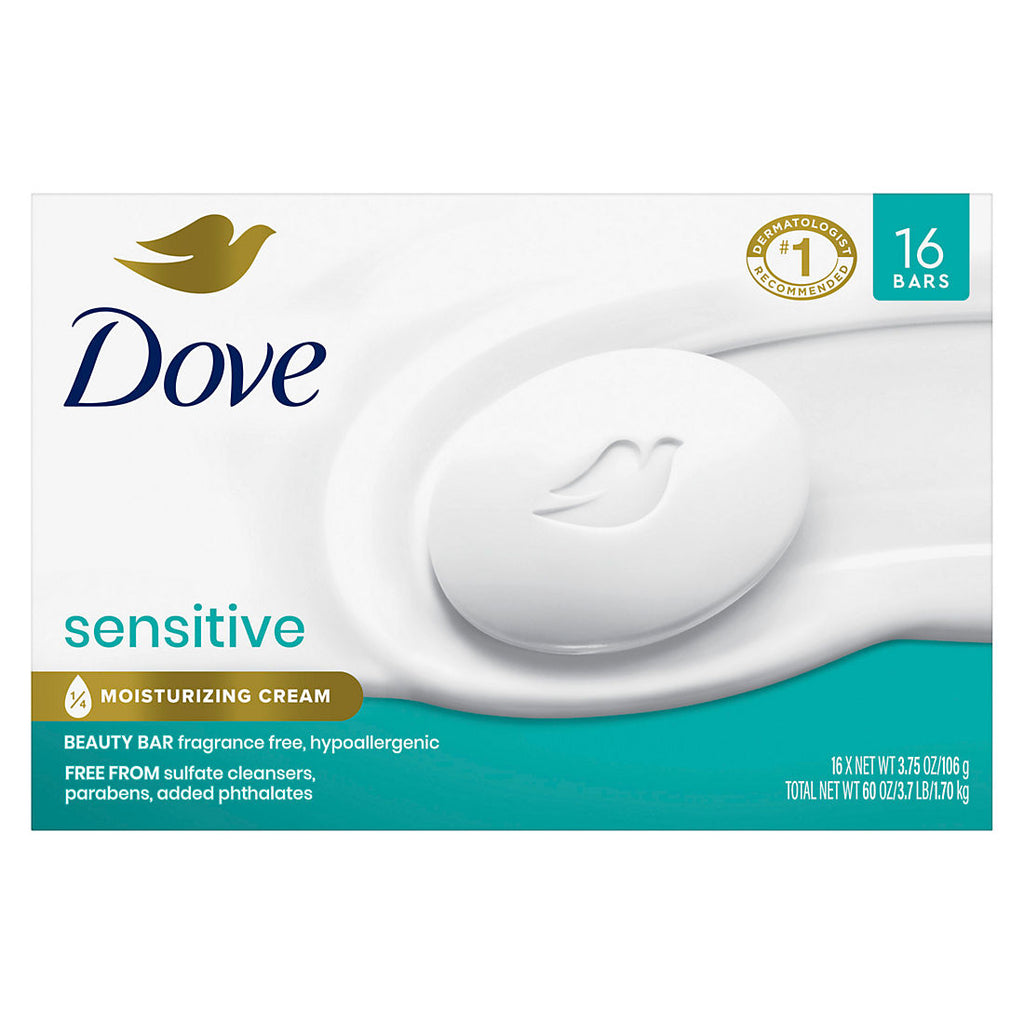 Dove Beauty Bar Soap Sensitive, Fragrance Free & Hypoallergenic, 16 ct./3.75 oz. product image