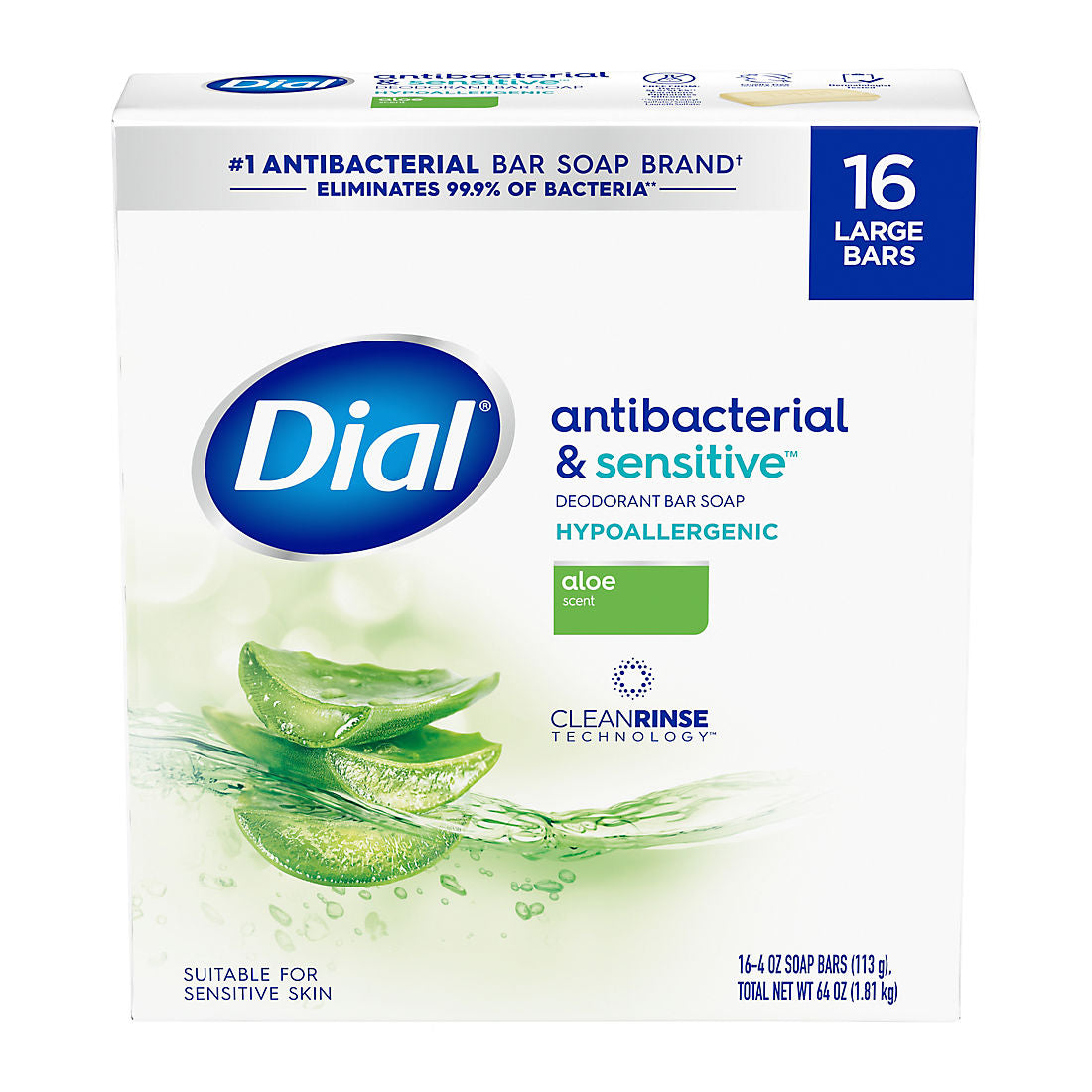 Dial Bar Soap, Antibacterial & Sensitive, Aloe Scent, 16 pk./4 oz. product image