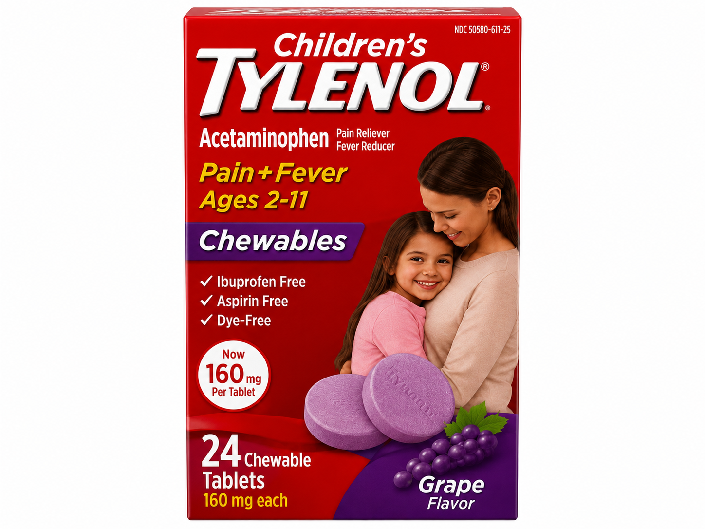 Children's Tylenol Grape Chewable Tablets, 160 mg, 24 Count