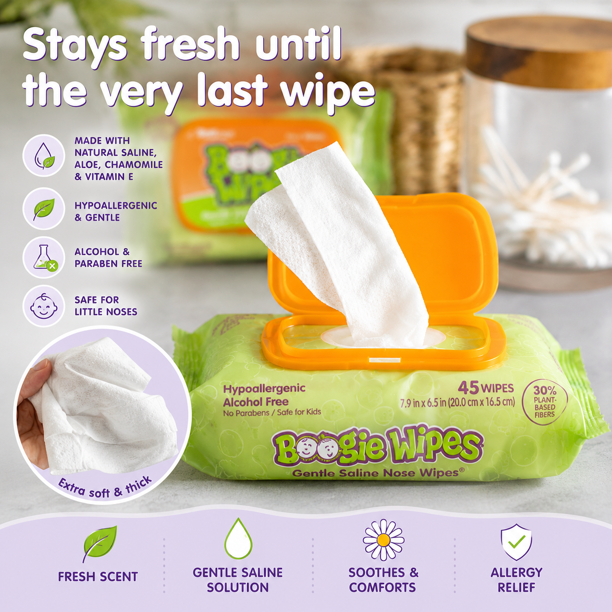 Boogie Wipes Unscented Saline Nose Wipes, 1 pack, 45 Count