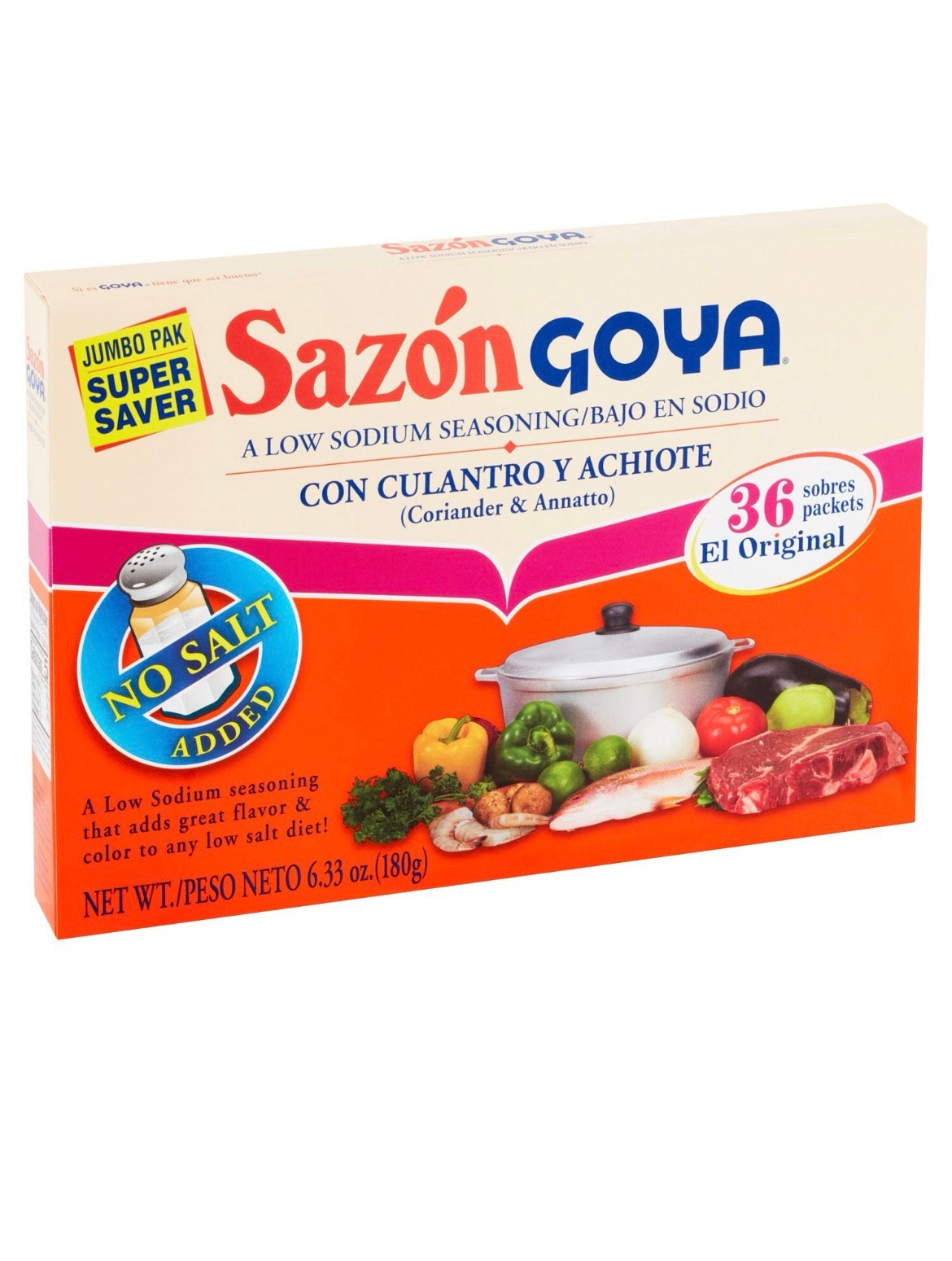 Goya Sazón No Salt Added Coriander & Annatto Seasoning, 36 Count, 6.33 oz