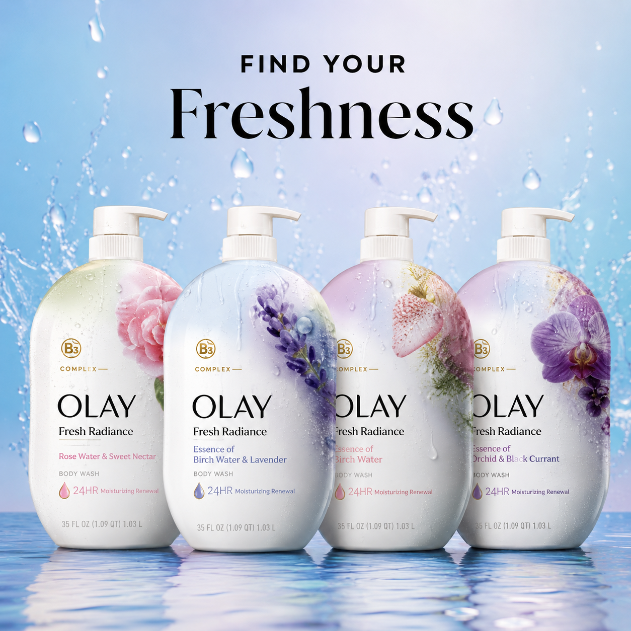 Olay Fresh Radiance Body Wash, Essence of Birch Water & Lavender, Rose Water & Sweet Nectar, 35 fl. oz.