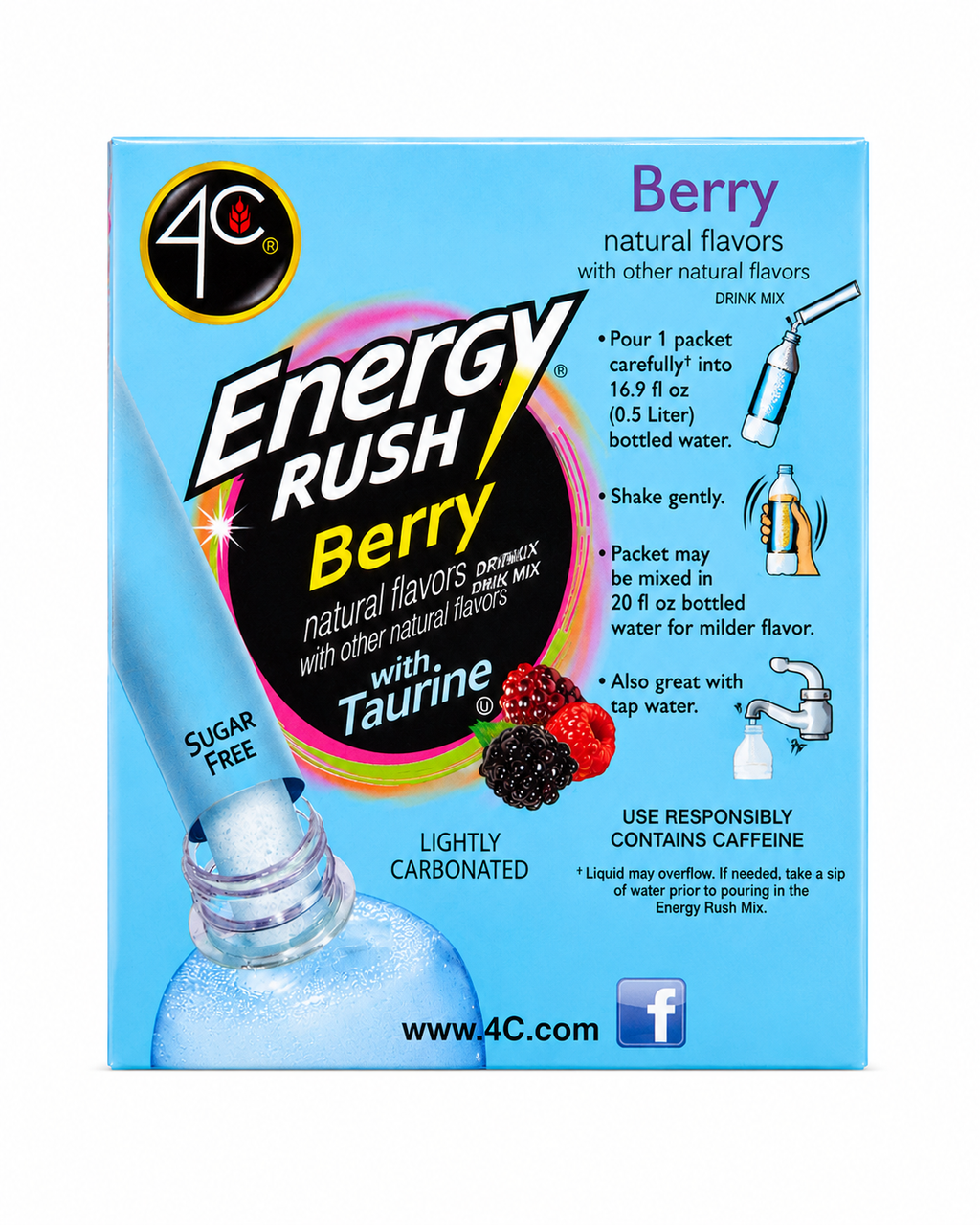 4C Energy Rush Berry Sugar Free Drink Mix with Taurine – 18 Packets, 4.96 oz