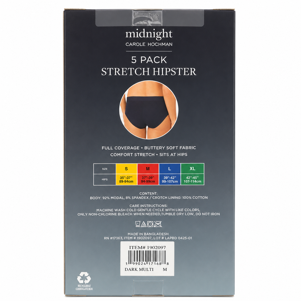 Midnight by Carole Hochman Stretch Hipster Underwear, 5 Pack