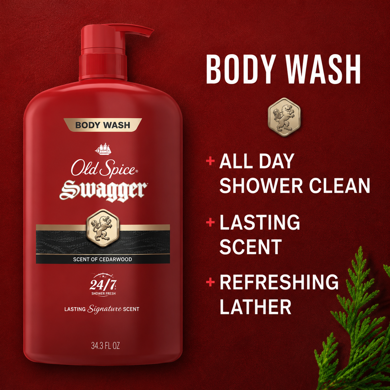 Old Spice Men's Swagger Body Wash Pump, Cedarwood Scent, 24/7 Shower Fresh, 2 pk./34.3 oz.