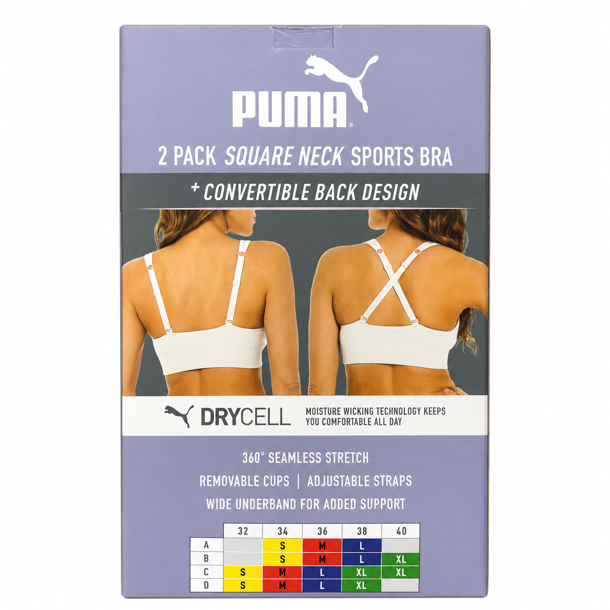Puma Women’s Seamless Square Neck Sports Bra 2 Pack, DryCELL, Removable Cups & Adjustable Straps
