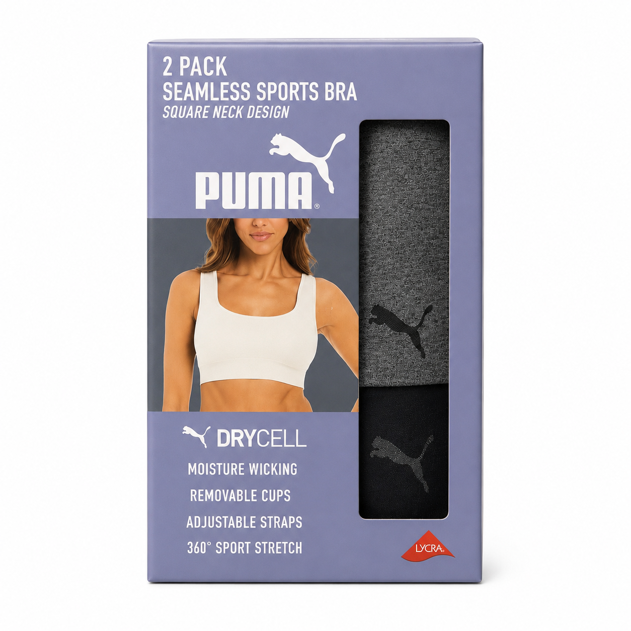 Puma Women’s Seamless Square Neck Sports Bra 2 Pack, DryCELL, Removable Cups & Adjustable Straps