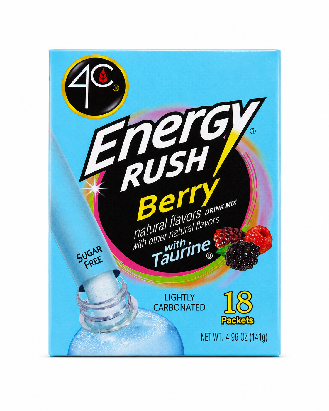 4C Energy Rush Berry Sugar Free Drink Mix with Taurine – 18 Packets, 4.96 oz
