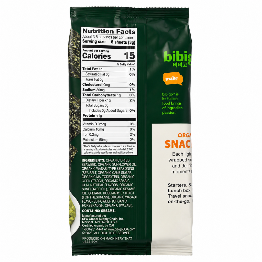 Bibigo Organic Wasabi Seaweed Snack, 0.35 oz (10 g)