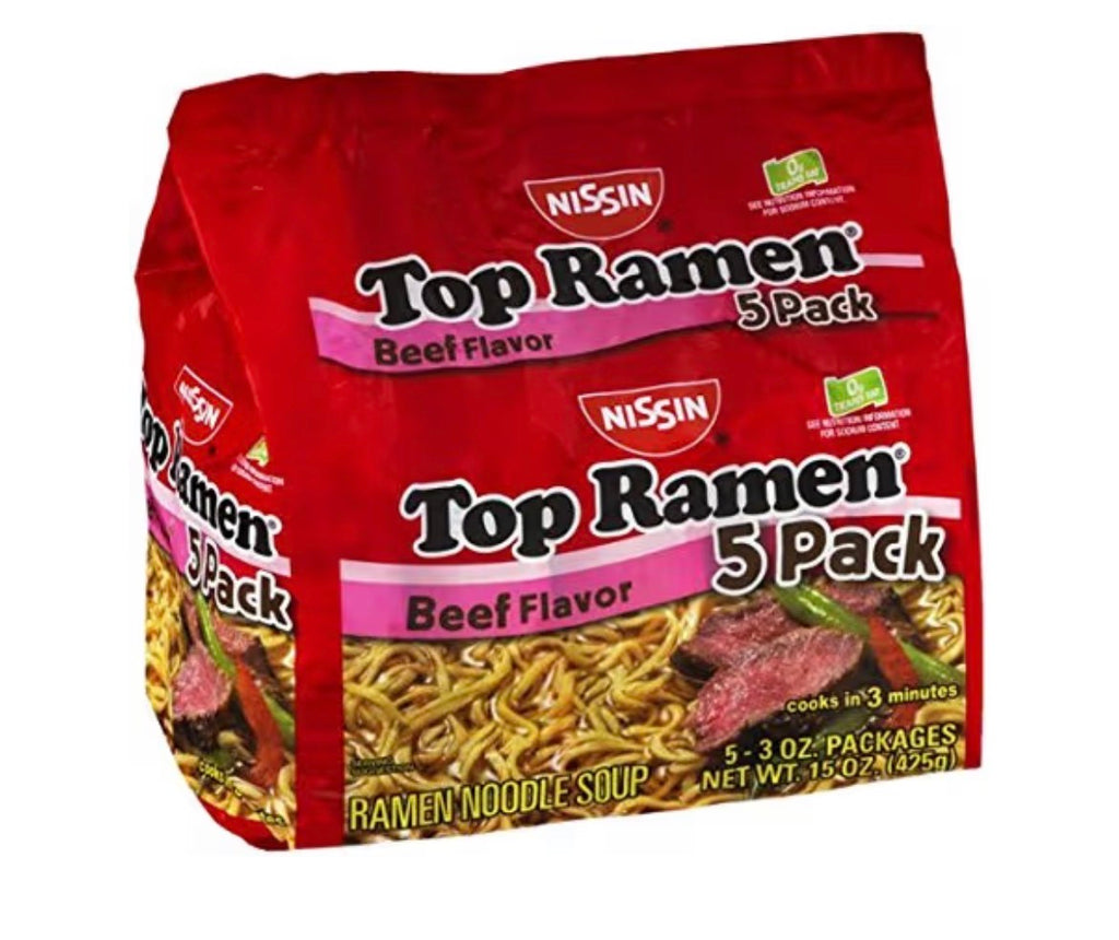 Nissin Top Ramen Beef Flavor Instant Noodle Soup, 5 Count (1 Pack)