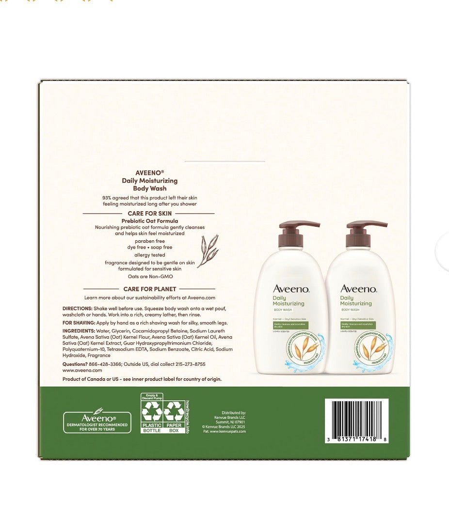 Aveeno Daily Moisturizing Body Wash, Lightly Scented, 33 fl. oz./2 pk.