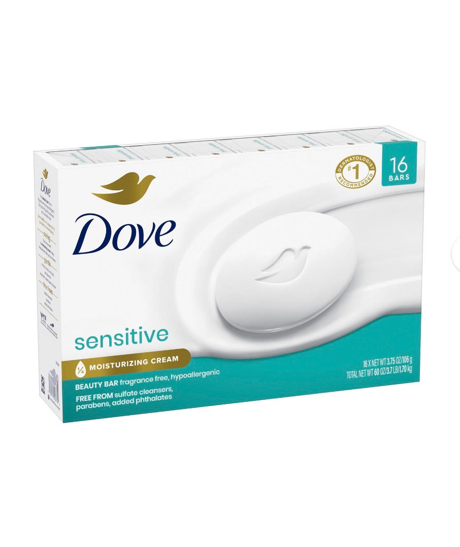 Dove Beauty Bar Soap Sensitive, Fragrance Free & Hypoallergenic, 16 ct./3.75 oz.