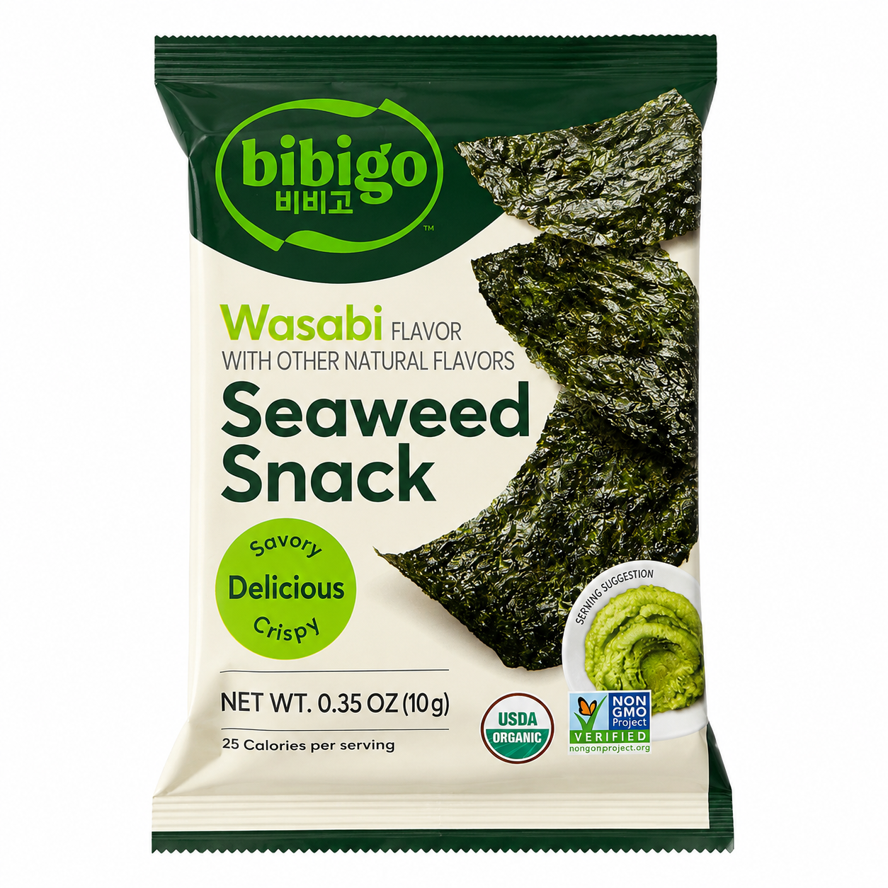 Bibigo Organic Wasabi Seaweed Snack, 0.35 oz (10 g)