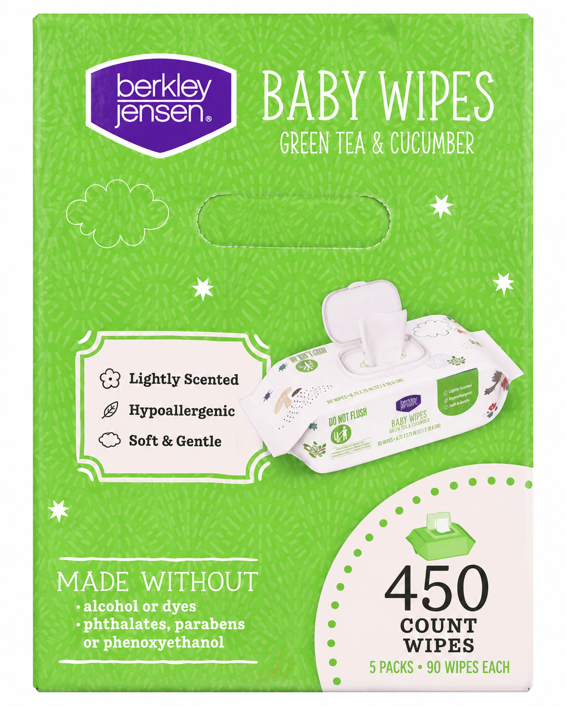 Berkley Jensen Green Tea & Cucumber Baby Wipes, 5 Packs, 450 Wipes