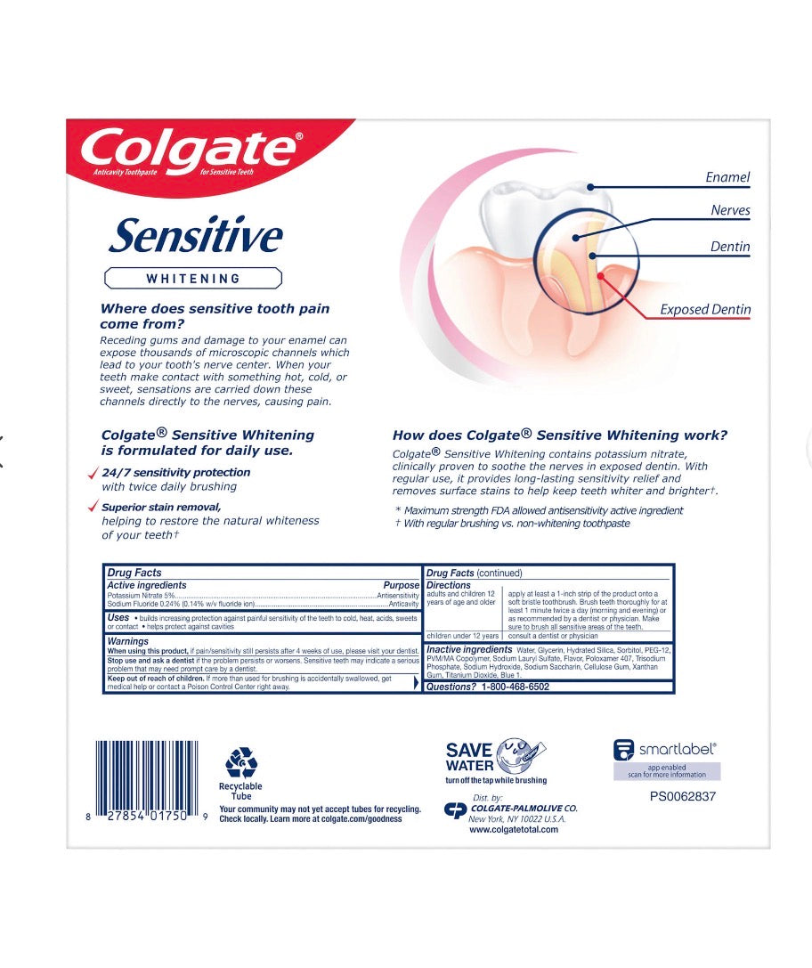 Colgate Sensitive Whitening Toothpaste, Cavity Protection Mint, 4 pk./6 oz.