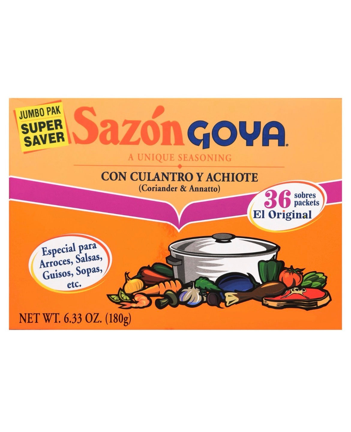Goya Sazón Coriander & Annatto Seasoning Jumbo Pak, 36 Count, 6.33 oz