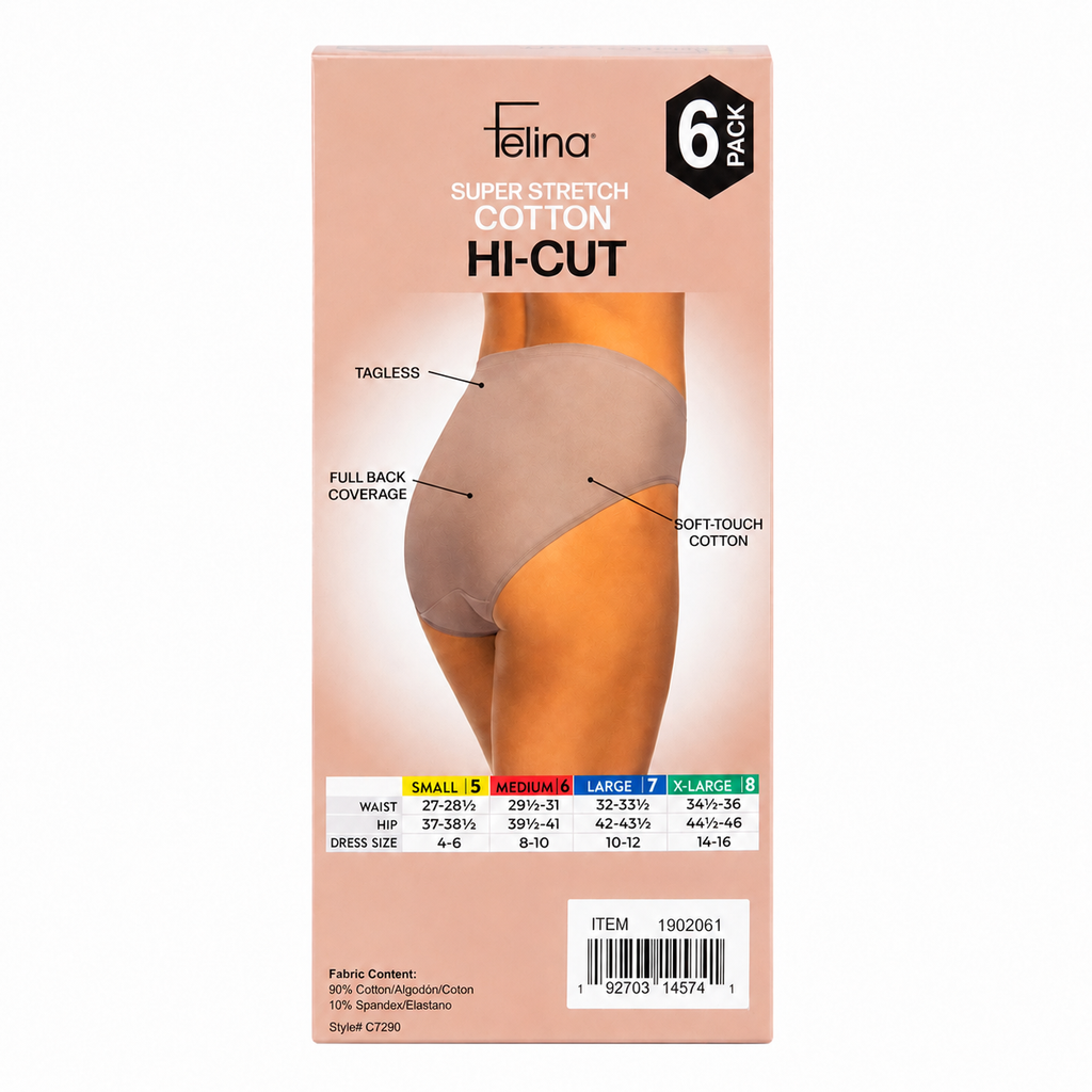 Felina Super Stretch Cotton Hi-Cut Underwear, 6 Pack