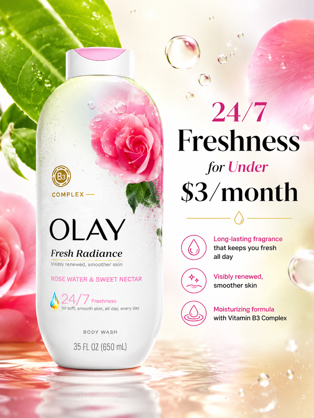 Olay Fresh Radiance Body Wash, Essence of Birch Water & Lavender, Rose Water & Sweet Nectar, 35 fl. oz.