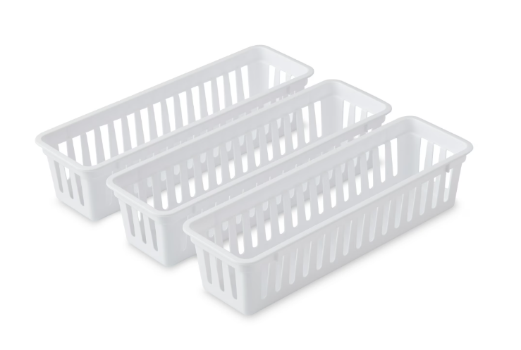 Mainstays 3-Pack Narrow Drawer Organizer Baskets, White Plastic Storage Trays