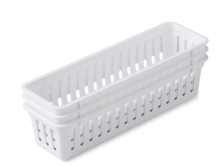 Mainstays 3-Pack Narrow Drawer Organizer Baskets, White Plastic Storage Trays