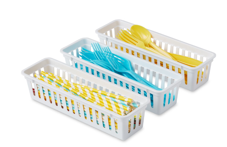Mainstays 3-Pack Narrow Drawer Organizer Baskets, White Plastic Storage Trays