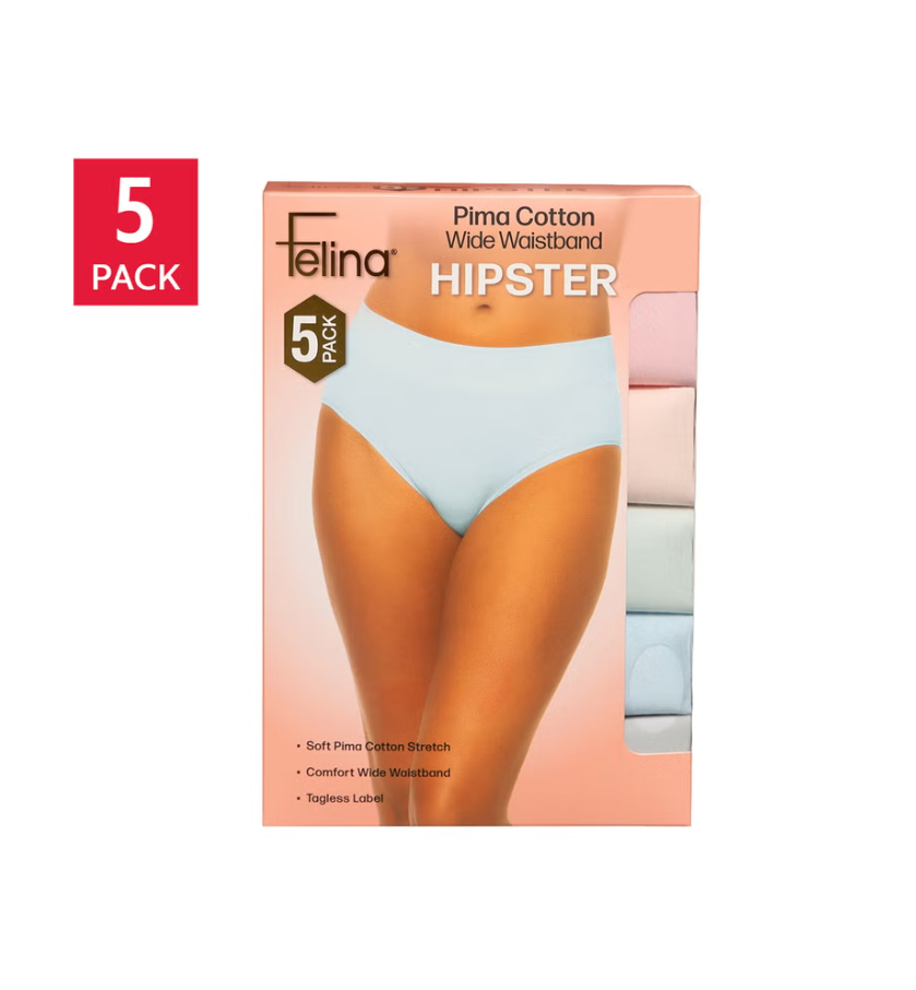 Felina Women’s Pima Cotton Wide Waistband Hipster Underwear, 5-Pack