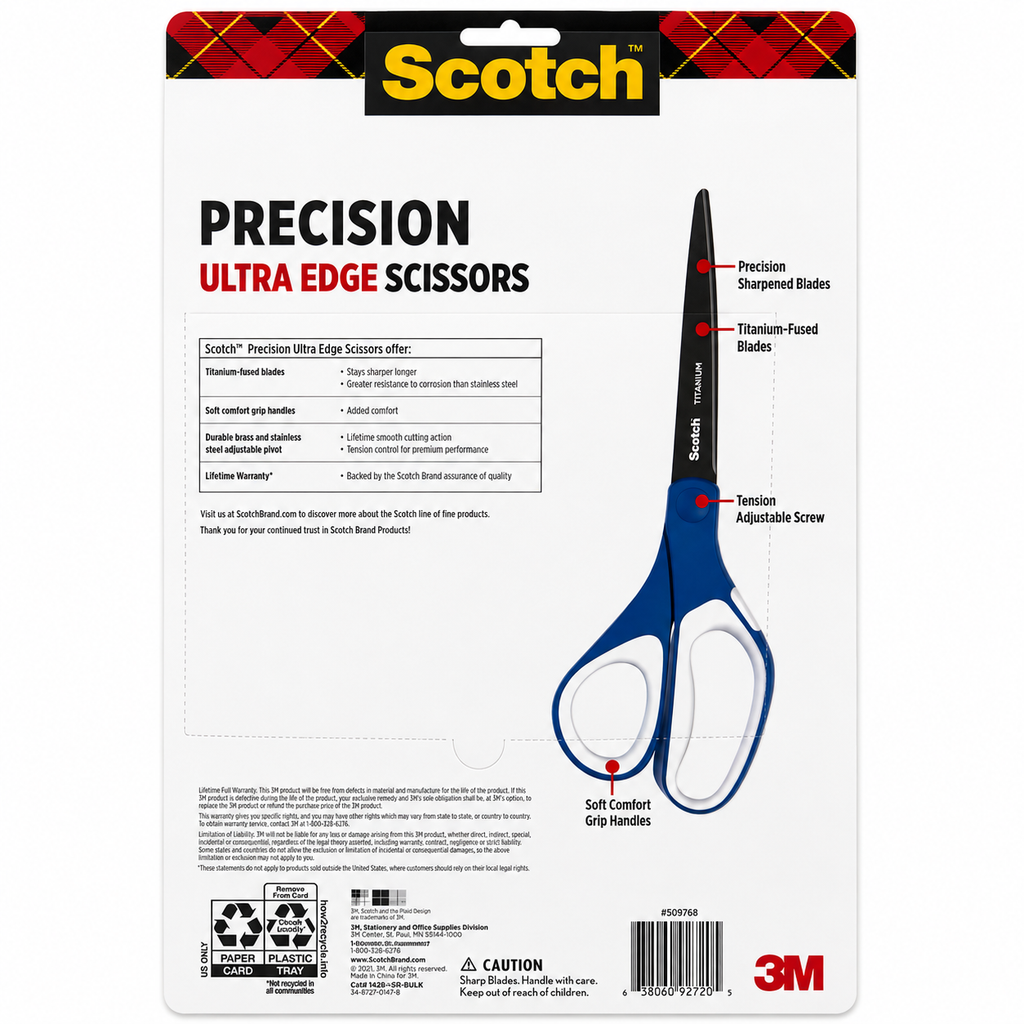 Scotch Precision Ultra Edge Scissors, 8 Inch, Titanium-Fused Blades, 3-Pack